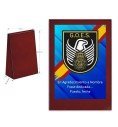 Mahogany wedge desktop crest plaque with full-colour printed aluminium