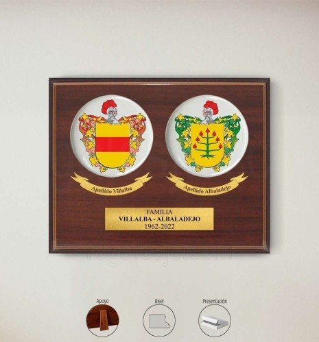 Premium commemorative plaque in walnut with 2 custom round porcelains