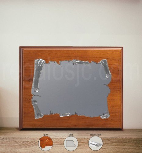 Premium commemorative plaque with wooden stand and customisable silver parchment