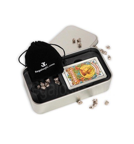 Conjunto set de Mus en Caja metálica de Aluminio con amarracos y baraja Española