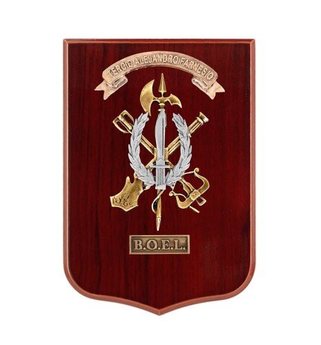 Spanish Legion "Tercio Alejandro Farnesio" crest plaque with cast pieces in bronze and nickel