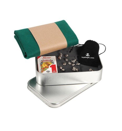 Card game case with counters, mat and cards in an aluminium box