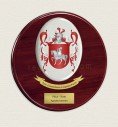 Custom crest plaque on round mahogany wood with oval porcelain