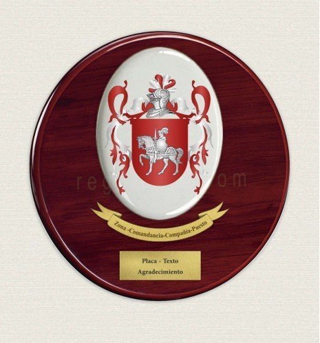 Custom crest plaque on round mahogany wood with oval porcelain