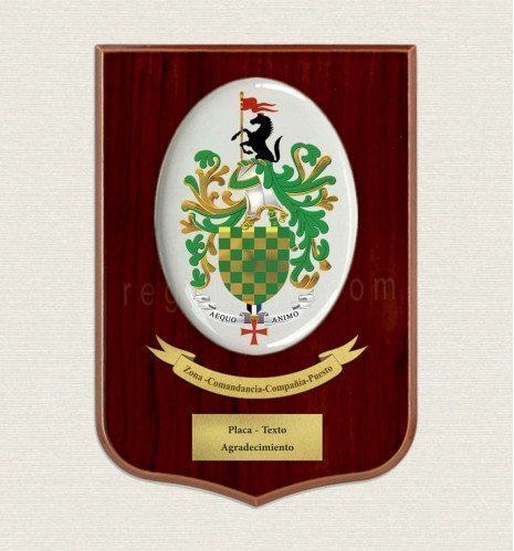 Custom crest plaque on straight-cut wood with oval porcelain