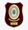 Custom crest plaque on curved wood with oval porcelain
