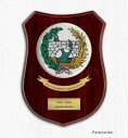 Custom crest plaque on curved wood with round porcelain