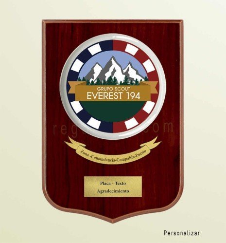 Custom crest plaque on straight mahogany wood with round porcelain