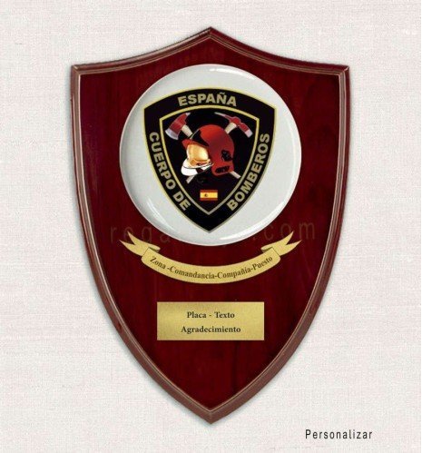 Custom crest plaque on heart-shaped mahogany wood with round porcelain