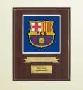 Custom crest plaque on rectangular wood with square porcelain