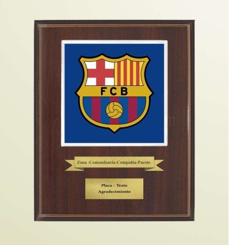 Custom crest plaque on rectangular wood with square porcelain