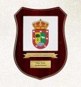 Custom crest plaque with square porcelain on curved wood