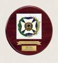 Custom crest plaque on round mahogany wood with square porcelain