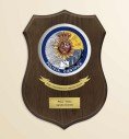Crest plaque on walnut shield wood with custom round porcelain
