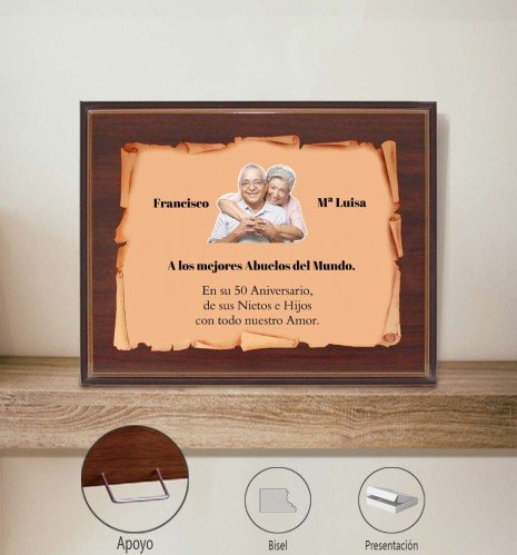 Budget commemorative plaque with full-colour parchment, walnut wood and metal stand