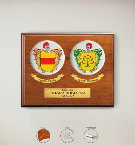 Placa conmemorativa de alta calidad con soporte de madera y porcelanas redondas personalizadas con su diseño.