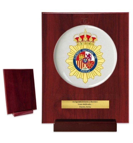 Metopa personalizada de sobremesa en madera con escudo de la Policía Nacional y  porcelana personalizada