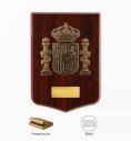 Spanish constitutional coat of arms crest plaque cast in bronze on straight mahogany wood, 25 x 17.5 cm