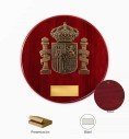 Spanish constitutional coat of arms crest plaque cast in bronze on round mahogany wood, 22.5 x 22.5 cm
