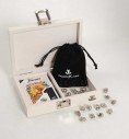 Off-white wooden mus case with counters and Fournier deck