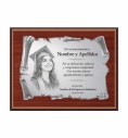 Affordable commemorative plaque with silver aluminium scroll and walnut-finish wooden base