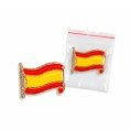 Spain flag enamel pin with gold finish, front view and presentation in an individual zip-lock bag