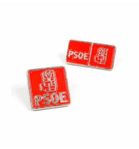 Red enamel PSOE pin with nickel finish, in its two models, square and rectangular