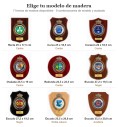 Wood models for the military laurel crest plaque: 7 shapes in mahogany, walnut, black, natural oak and hazel