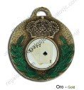 Medalla dorada de 55mm con corona y laurel en color verde, 2 caras para pesonalizar.