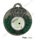 Medalla plata de 55mm con corona y laurel en color verde, 2 caras para pesonalizar.
